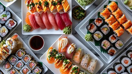 A variety of sushi and sashimi on white plates
