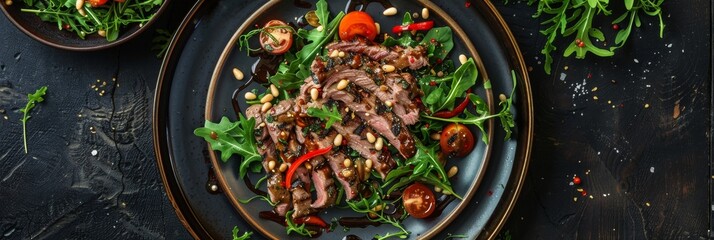 Roasted Meat, Greens, Pine Nuts and Brown Sause Top View. Exquisite Serving Dish of Barbecue Veal