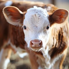 Little calf, cute cow baby portrait, young farm animal, pretty newborn cattle, natural rural life
