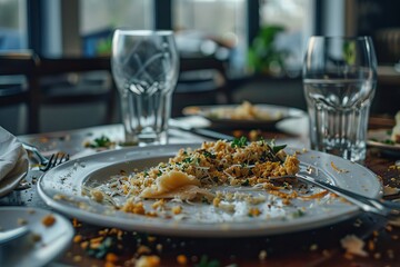 The remains of food in plates, crumbs on the table after lunch or dinner.