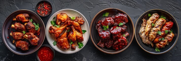 Well Roasted Organ Meats Set or BBQ Offal Collection with Red Spicy Sauces as Beer Snacks Top View