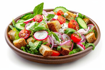Salad with radishes, croutons, greenery, rusks salat with greens. Rustic salad, toasted bread,...