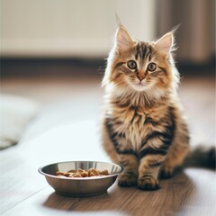 Close up cute cat eating from a bowl against blurred kitchen background, looking at camera
