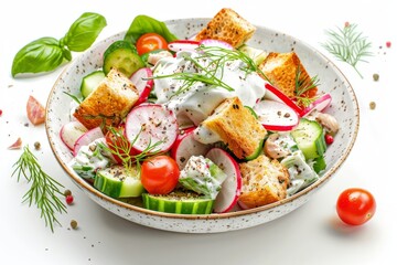 Salad with radishes, croutons, greenery, rusks salat with greens. Rustic salad, toasted bread,...