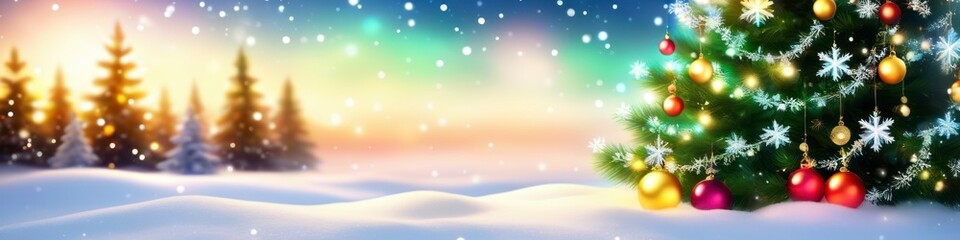 Fototapeta premium Dazzling Christmas tree lights reflected on snowy ground, symbolizing holiday joy for the New Year.