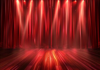 The red curtain of the theater stage is illuminated by lights, creating an atmosphere for drama and celebration