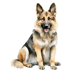 Fototapeta premium AI-Generated Watercolor German Shepherd sitting Clip Art Illustration. Isolated elements on a white background.