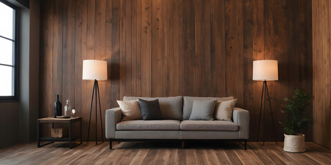 The loft living room interior design and wooden wall background