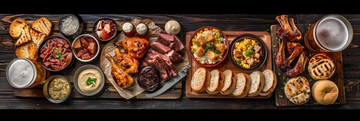 Smoked Meat Snack Beer Set Top View, Barbecue Buffet of Sudzhuk, Horseflesh, Beef Jerky, Cheese