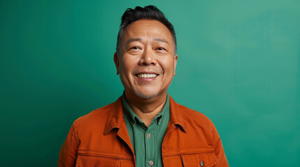 Fototapeta premium A man wearing an orange jacket and green shirt is smiling