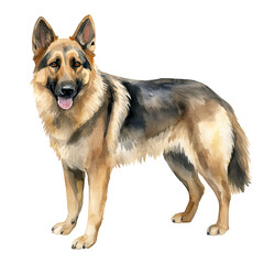 AI-Generated Watercolor German Shepherd standing Clip Art Illustration. Isolated elements on a white background.