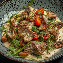 Veal and porcini salad. Warm salat with mushrooms in cream sauce, roasted meat beef fillet, cherry