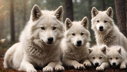 Heartwarming Moment of White Alpha Female Wolf and Her Pups, Wolf design clipart HD 8K wallpaper Stock Photographic Image