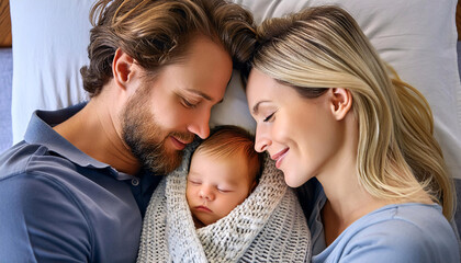 A serene portrait of parents with their happy, peaceful, and calm baby