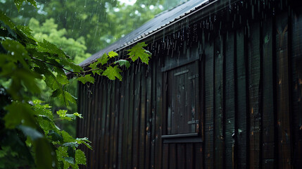 An image of a charming wooden house, its dark wood exterior standing out against the lush greenery of an overcast day. Raindrops are visible on the leaves and the roof,