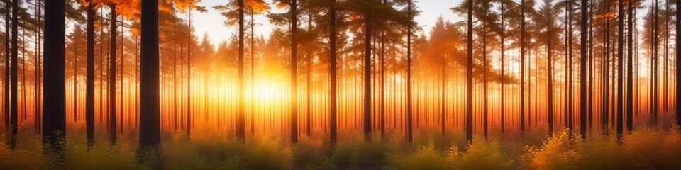 Enchanted forest scene with the sun's rays illuminating the trees during a peaceful evening.