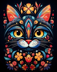 Decorative black cat embellished with multicolored mandala patterns, simple white floral outlines, bright scene, side angle ,  clean and clear look