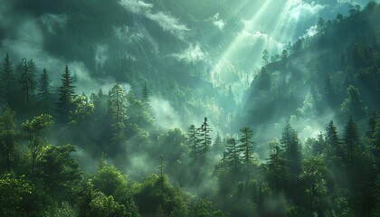 Obraz premium Misty mountain forest at dawn, rays of sunlight piercing through trees