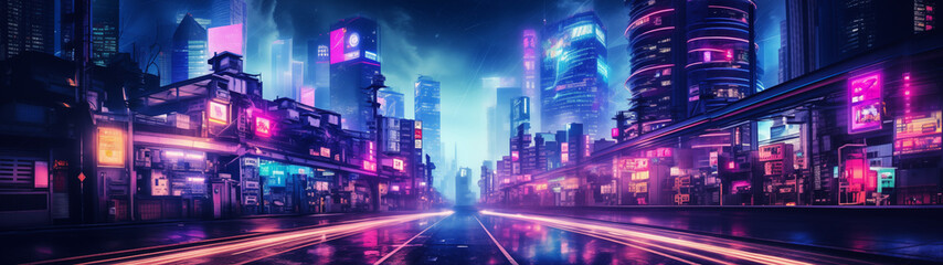 Fototapeta na wymiar Rainy Night in Cyberpunk City - Neon Streets and Reflections