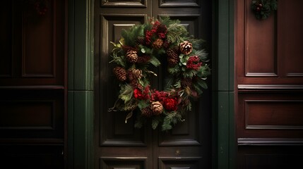 Fototapeta na wymiar A festive wreath on a door adorned with pine cones and evergreen branches.