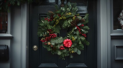 A festive wreath with red berries adorns a black door - Powered by Adobe