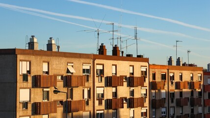Residential buildings at sunset in the city of Lisbon, Portugal