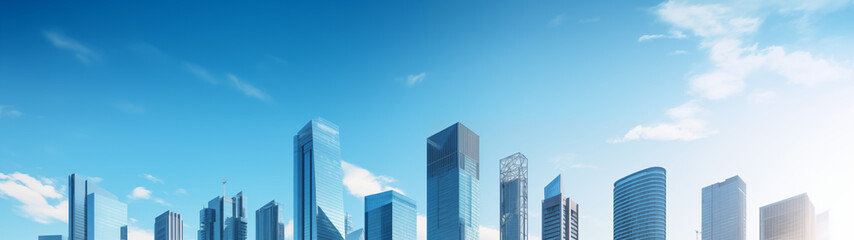 Obraz premium Vibrant City Skyline with Modern Skyscrapers Under Blue Sky