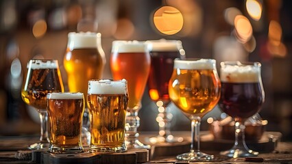 Blurred bar background with various chilled beers on table in glasses. Concept Bar setting, Blurred background, Chilled beers, Table glasses, Refreshing drinks