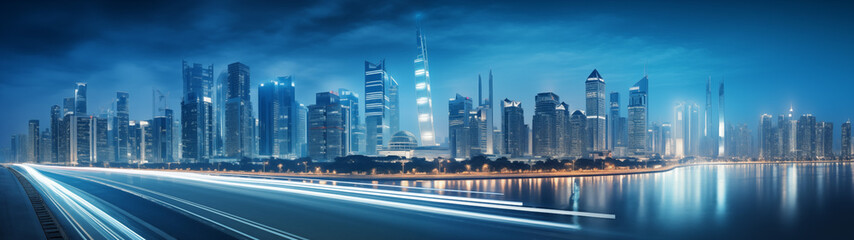 Naklejka premium Modern Cityscape with Futuristic Skyline and Reflective Water