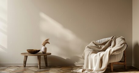 beige blanket draped over an armchair in front of a blank wall