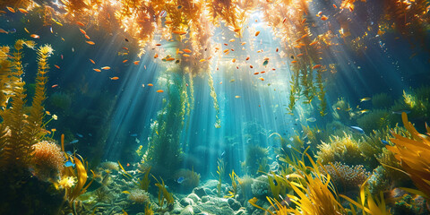 Vibrant Underwater Scene with Sunlight and Tropical Fish