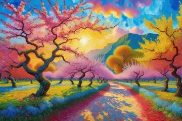 Muddy road in pink peach forest, post-impressionist landscape oil painting style. AI generated images.