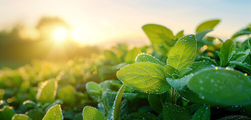 An image capturing the freshness of a herb garden at dawn, with dew on each leaf and the first light of day enhancing the vibrant greens. 