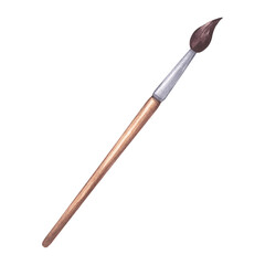Paintbrush artist's tool for coloring. Art accessories. School supplies. Wooden handle and synthetic or squirrel bristles. Hand drawn watercolor illustration isolated background