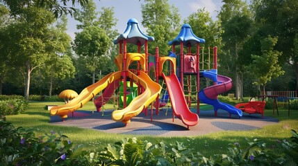 colorful playground with slide in park background