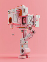 Robot with camera standing on pink surface, futuristic technology concept - obrazy, fototapety, plakaty