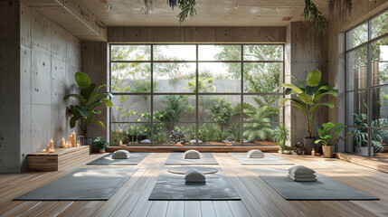 Serene Yoga Studio Interior With Natural Light and Green Plants