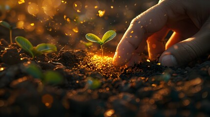 Fototapeta premium Hand Planting a Seed in Fertile Soil, Watching it Grow into a Thriving Golden Tree Symbolizing Cash Value Accumulation