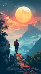 Hiker Stands Atop Majestic Mountain with Stunning Sunset Backdrop,Embracing the Thrill of and Adventure