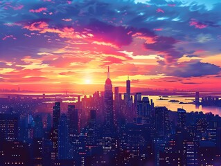 Obraz premium Magnificent Skyline of a Captivating City at Dazzling Sunset with Striking Skyscrapers and Breathtaking Colors