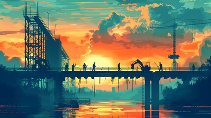 Metaphorical of Underwriting Process:Symbolic Bridge Construction Across River at Sunset