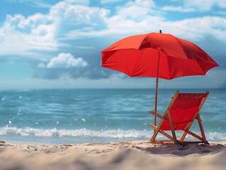 Peaceful Summer Vacation Retreat with Red Parasol and Beach Chair at Oceanfront