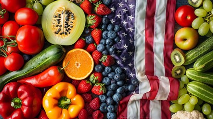 An assortment of fresh vegetables and fruits creatively displayed beside an American flag,...