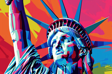 Colorful Pop Art Style Illustration of Lady Liberty in Vibrant Hues