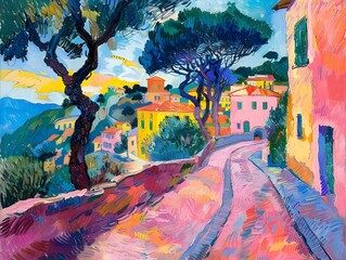 Vibrant Fauvist Landscape of a Mediterranean Village with Colorful Houses and Trees on a Winding Path
