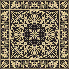 Vector gold and black classic Greek square ornament. Rectangle of Ancient Greece and Roman Empire. Byzantine painting of walls, floors and ceilings. Decoration of European palaces