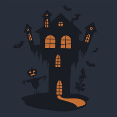 Cartoon house with ghosts. Halloween haunted house silhouette, spooky ghost house flat vector background illustration. Creepy monsters haunted house