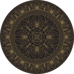 Vector gold with black classic Greek round ornament. Circle of Ancient Greece and the Roman Empire. Byzantine painting of walls, floors and ceilings. Decoration of European palaces
