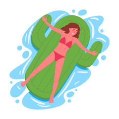 Girl floating on inflatable mattress. Woman swimming on cactus shaped inflatable toy in swimming pool cartoon flat vector illustration. Female character relaxing on green rubber mattress