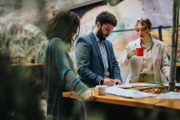 Two business partners engaged in a discussion at a table with documents, coffee, and casual attire.